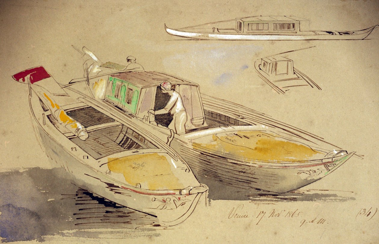 威尼斯船只的研究，在岸边。彩色水彩画，作者爱德华-李尔（1812-1888 年）。 作者 爱德华·李尔