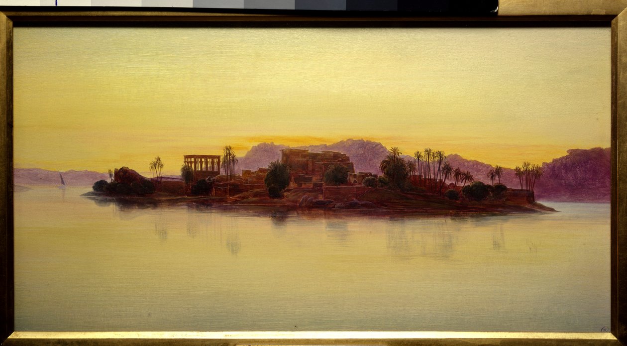 埃及菲莱岛上的日落爱德华·李尔 (Edward Lear) (1812-1888) (ec.angl.) 的画作，1861 年 0,23x0,43 m 尚蒂伊，孔德博物馆 作者 爱德华·李尔