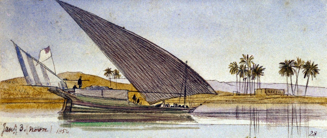尼罗河畔（埃及），一艘大型吉普赛船驶过。彩色水彩画 作者 爱德华·李尔