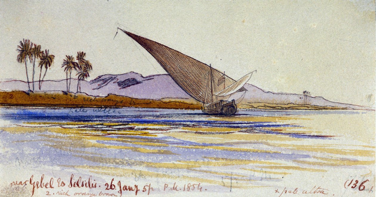 尼罗河畔（埃及），岸边有棕榈树和gyassi，靠近 Gebel el Silsileh。彩色水彩画 作者 爱德华·李尔