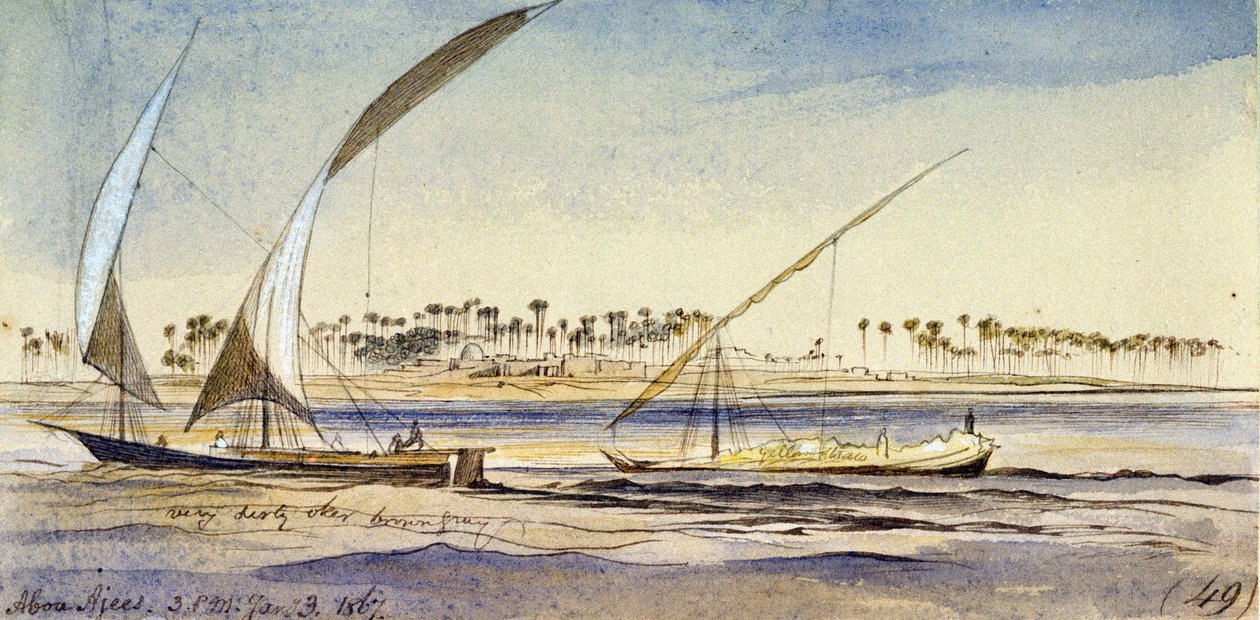 两艘埃及船（一艘 nuggar，一艘 djem）在尼罗河上航行，靠近 Abu Ajees（埃及）。彩色水彩画 作者 爱德华·李尔