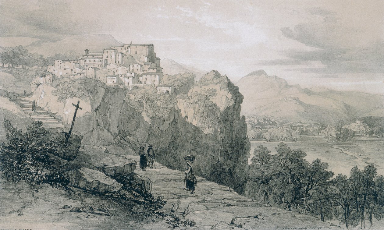 罗马及其周围地区的景色：Rocca Young和远处的许可证镇和Civitella di Licenza 作者 爱德华·李尔