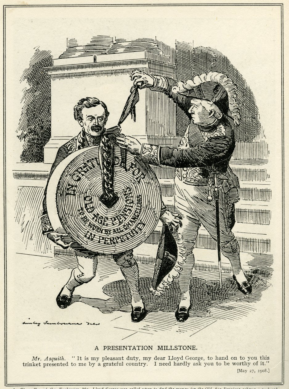 阿斯奎斯总理向英国财政大臣劳埃德·乔治（Lloyd George）赠送“老年退休金计划”（1908年） 作者 爱德华·林利·桑伯恩