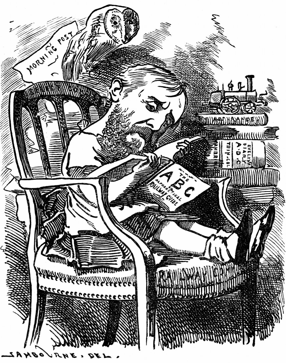 Evelyn Ashley (1836-1907) English author and Liberal politician: son of 7th Earl of Shaftesbury. Cartoon by Edward Linley Sambourne in the Fancy Portraits series from Punch London April 1881 when Ashley was under-secretary at the Board of Trade . 作者 爱德华·林利·桑伯恩