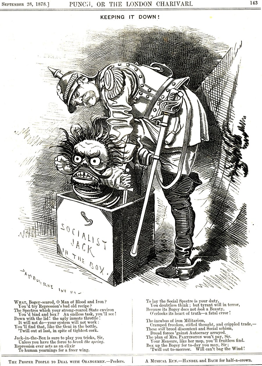 Keeping It Down. Otto von Bismarck (1815-1898) Germany Chancellor, trying to force the Jack of Socialism back in his box. The captions tells him that every act of repression acts an elixir to the human wish for more freedom. Cartoon by Edward Linley Sambou 作者 爱德华·林利·桑伯恩