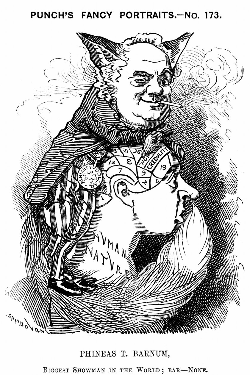 Phineas Taylor Barnum (1810-1891) American showman: co-founder of Barnum and Bailey circus. Edward Linley Sambourne cartoon from Punch London 1884 in the Fancy Portraits series showing Barnum as a wily fox exploiting people
