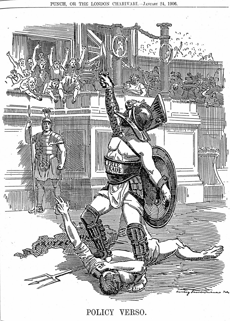 1905年12月，随着英国自由党政府的回归，自由贸易成为政策，而不是保守党的关税保护政策。爱德华-林利-桑伯恩的漫画，摘自1906年1月24日的《伦敦邮报》。 作者 爱德华·林利·桑伯恩