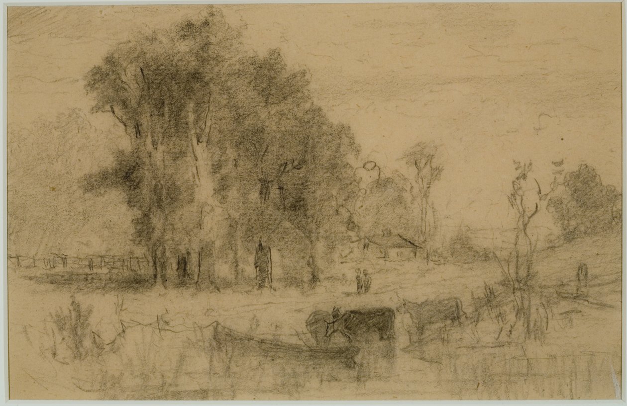 风景、划艇和奶牛 (#57) C. 1880（纸上石墨） 作者 爱德华·米切尔·班尼斯特