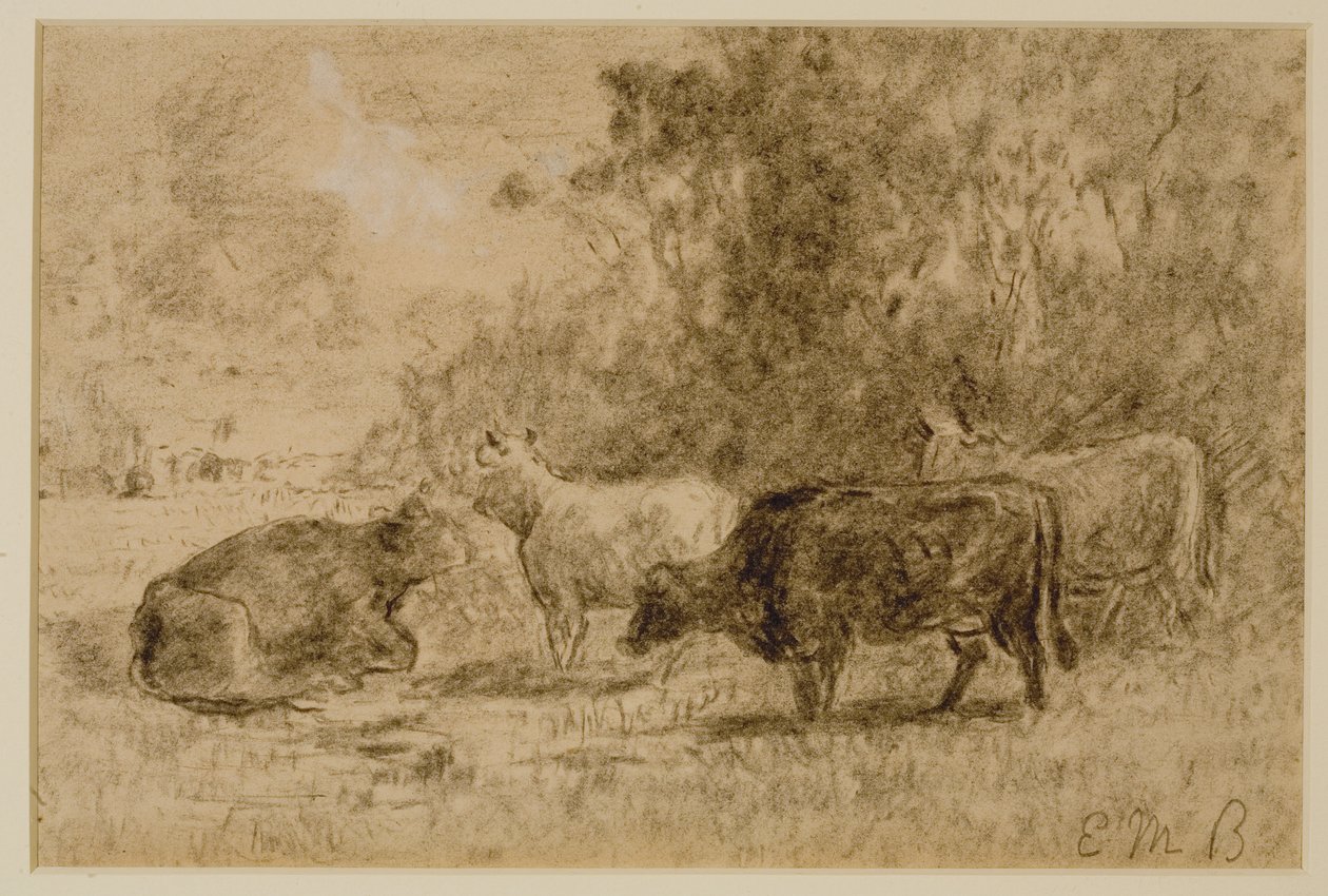 有四头牛的风景，c。 1880年代（木炭纸本） 作者 爱德华·米切尔·班尼斯特