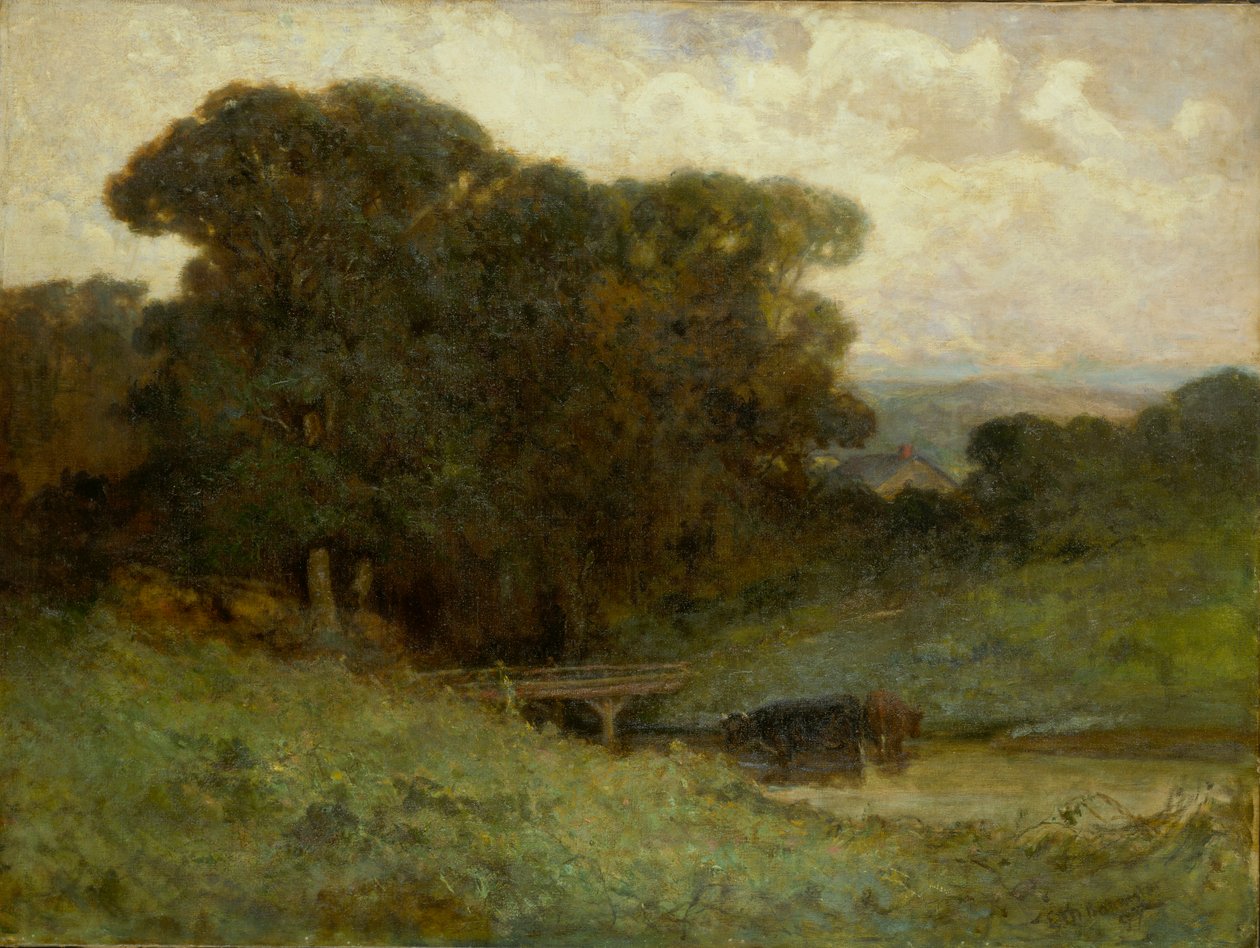 有桥的无题森林场景，前景是溪流中的奶牛，1897年。 作者 爱德华·米切尔·班尼斯特