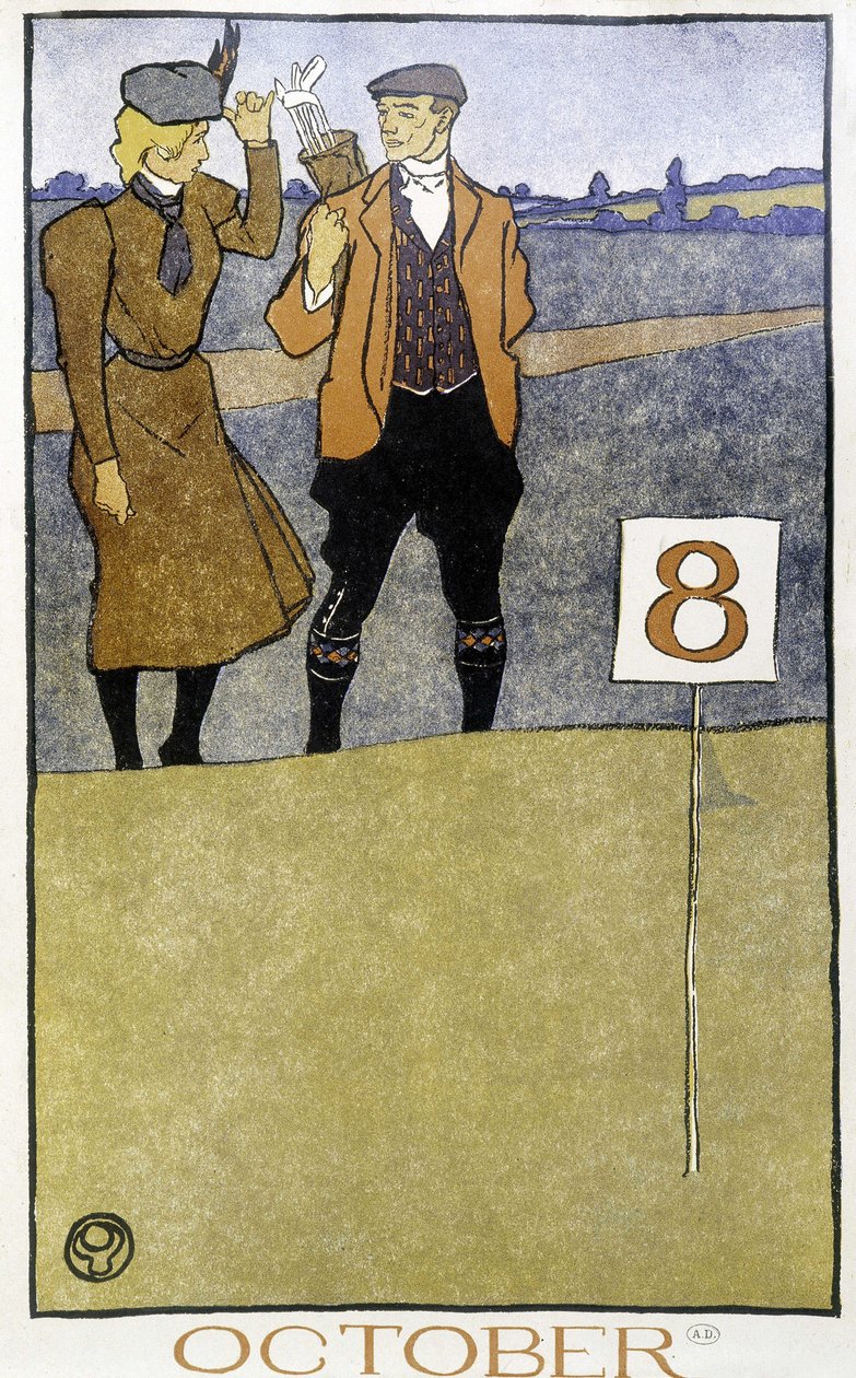 夫妇打高尔夫球 - 在 Edward Penfield 编着的“”Golf Calendar”中。 1899年 作者 爱德华·彭菲尔德