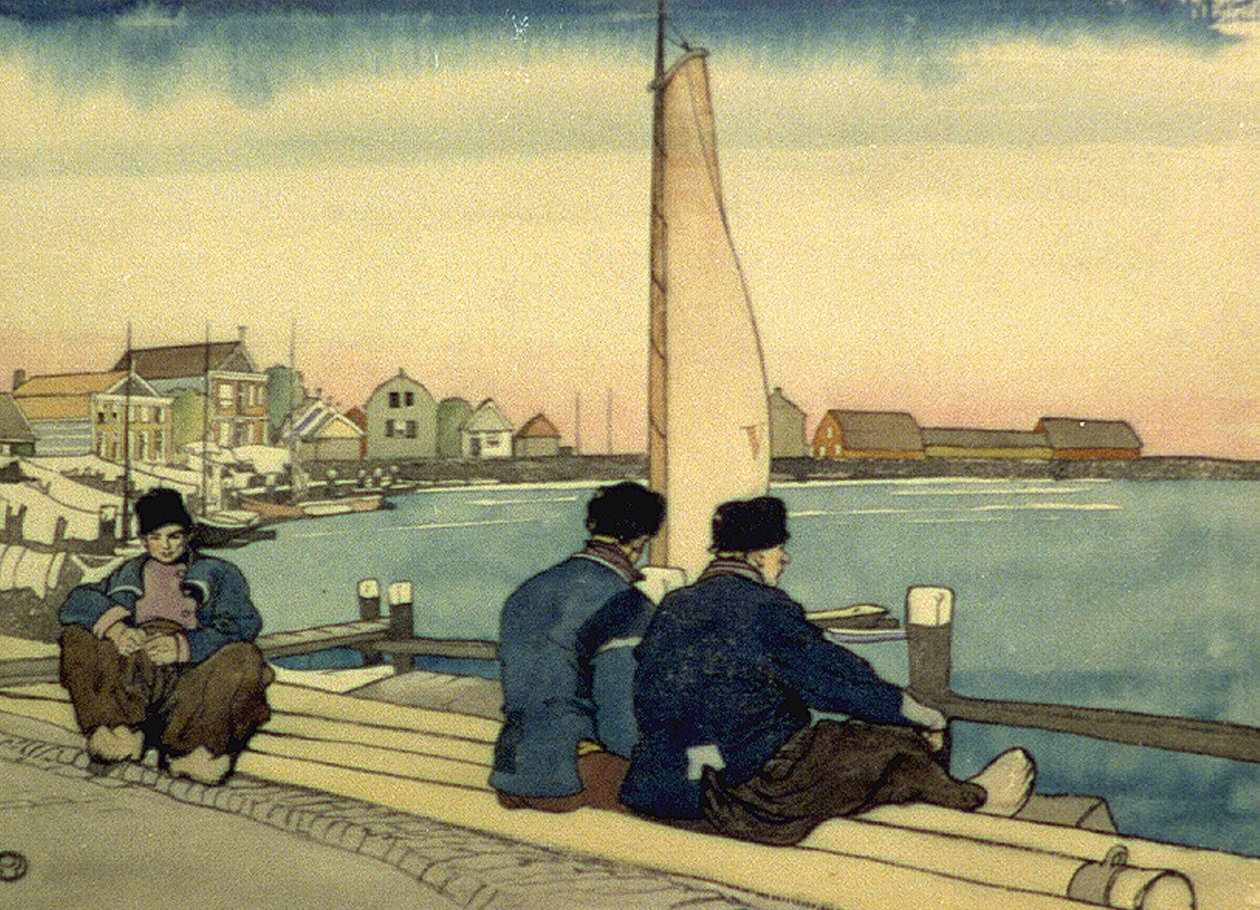 爱德华·彭菲尔德（Edward Penfield）的《等待风潮》水彩画 作者 爱德华·彭菲尔德