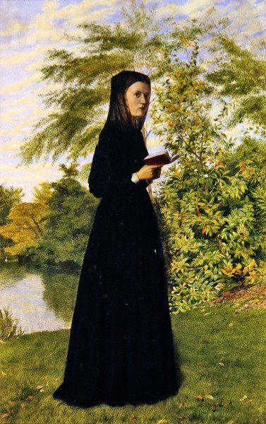 在公园里读书的女士，约1860年（油画板）。 作者 爱德华·雷德福
