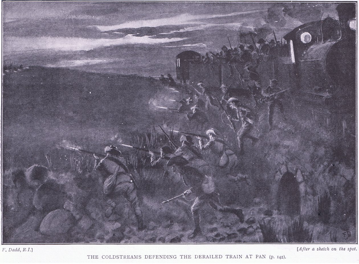 Coldstreams捍卫出轨列车，插图来自比勒陀利亚之后：游击队战争，1902年 作者 爱德华·里德