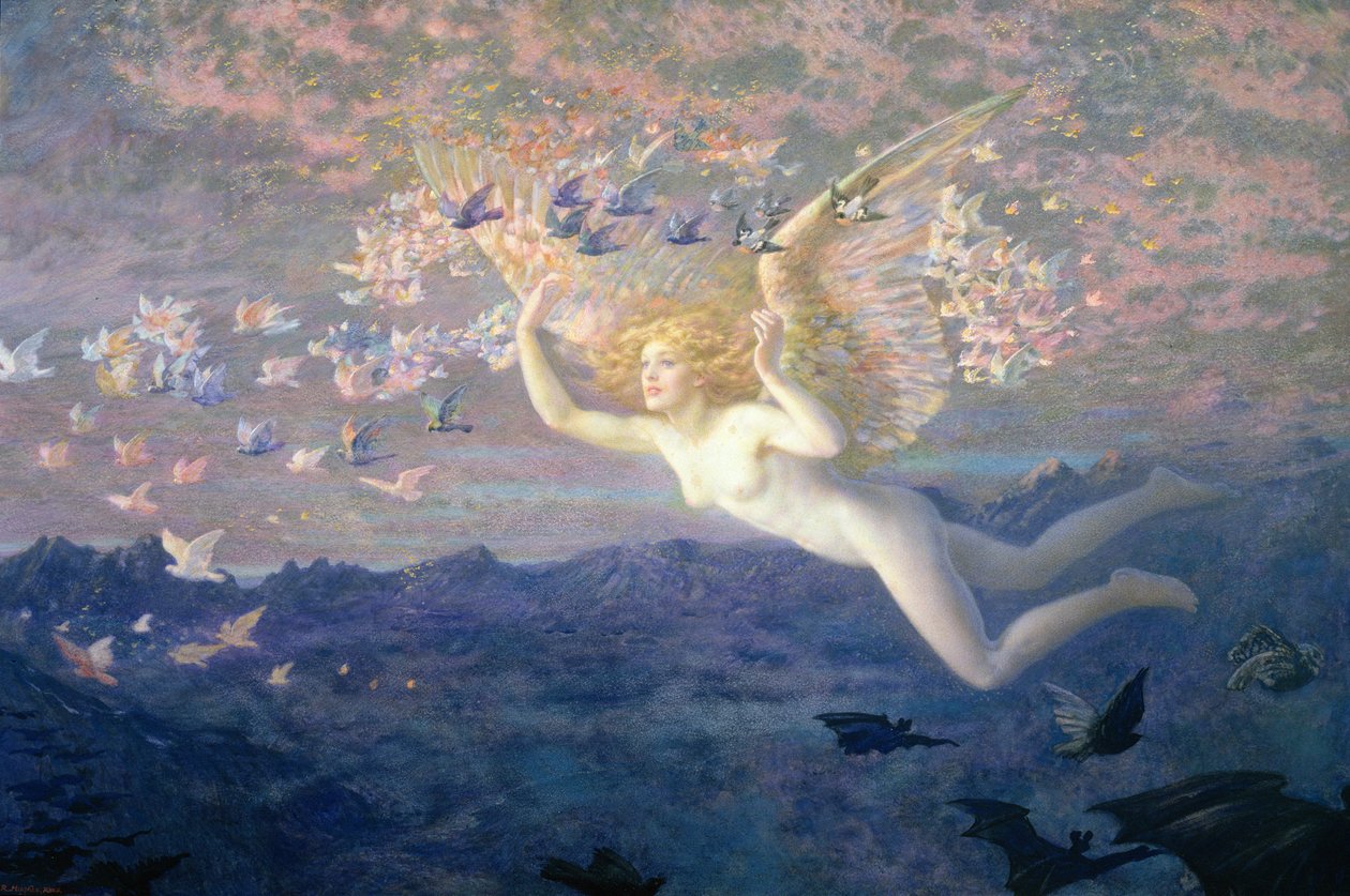 在1905年的早晨的翅膀（与身体颜色和金色油漆加强） 作者 爱德华·罗伯特·休斯