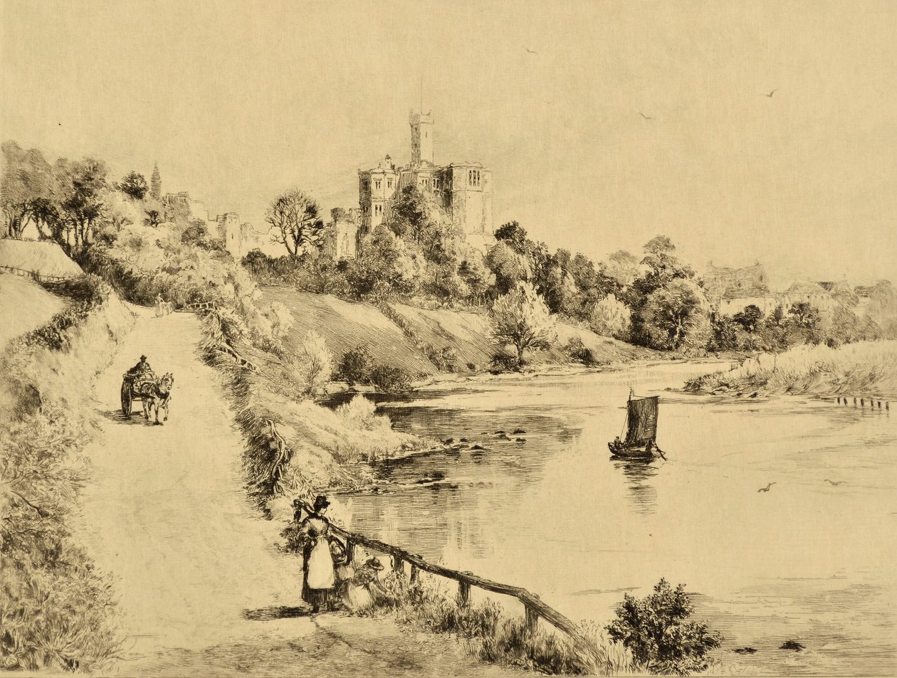 《The Coquet》：从通往安布尔的路上看到的沃克沃斯城堡，约 1880 年（蚀刻） 作者 爱德华·斯洛姆贝