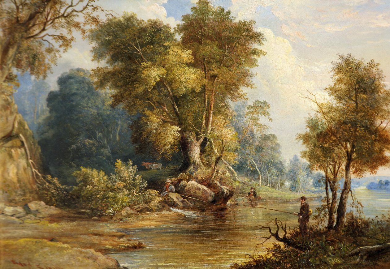 河景与钓鱼者，Leadon，格洛斯特郡，1880年 作者 爱德华·史密斯