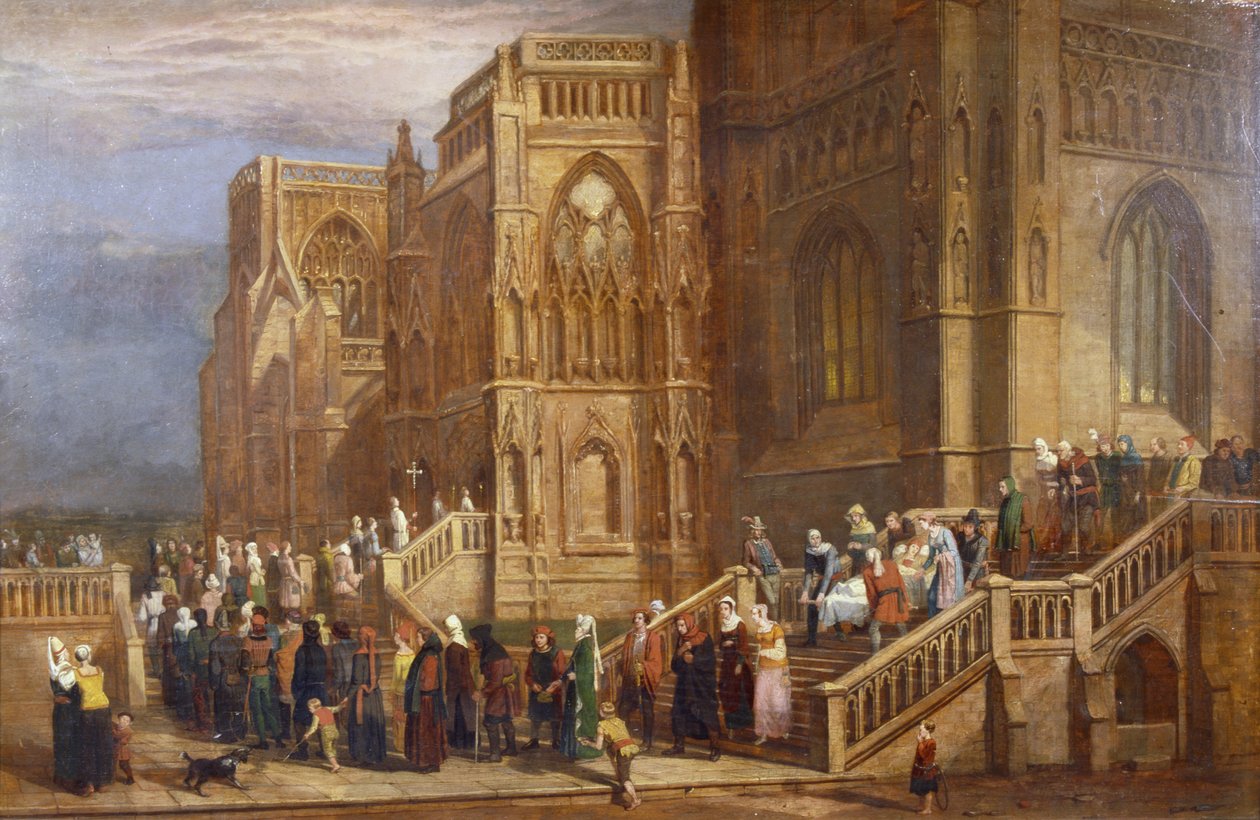 约1825年30日，圣玛丽·雷德克利夫（St Mary Redcliffe）外的朝圣者游行（油在面板上） 作者 爱德华·维利尔斯·里平吉尔