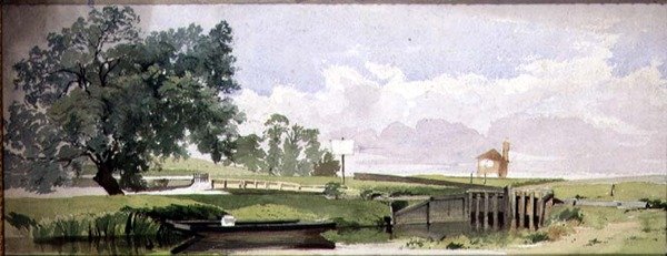 带锁的河边风景，约1860年（纸上水彩和铅笔）。 作者 爱德华·罗宾逊