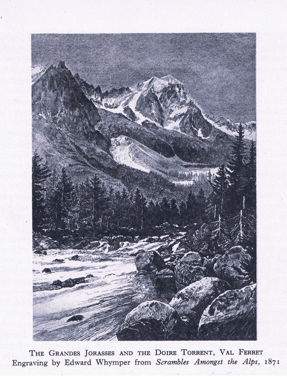 1947年柯林斯出版的“英国冒险”中的Grand Jorasses和Doire Torrent，Val Ferrett 作者 爱德华·怀姆珀