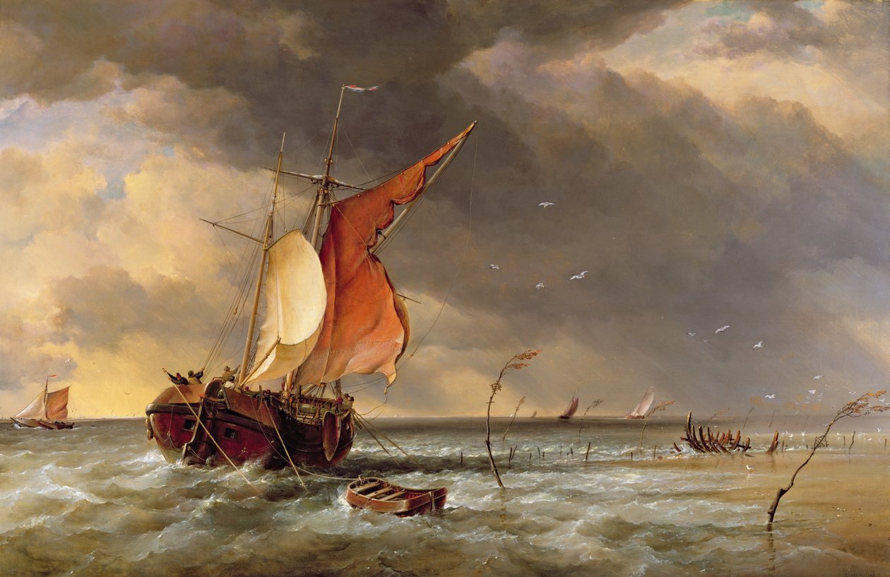 荷兰Galliot搁浅在Bies博世的沙洲，荷兰，1878年 作者 爱德华·威廉·库克