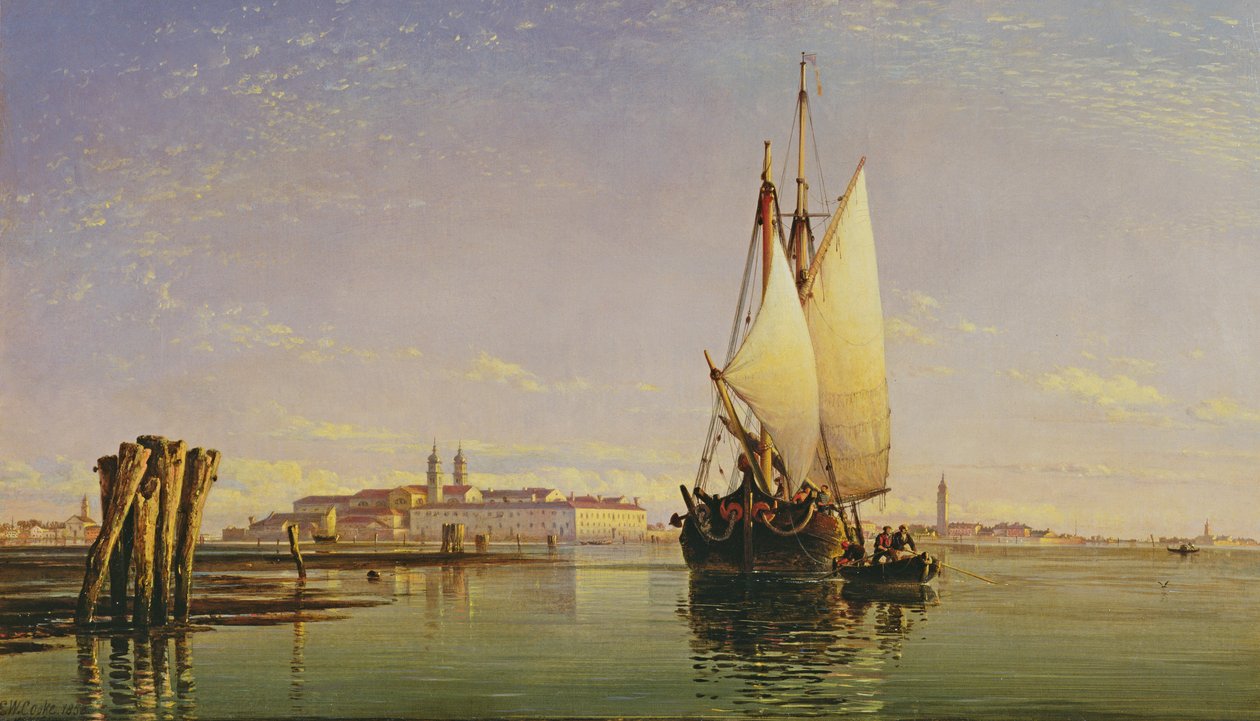 Euganean Hills和威尼斯拉古纳 -  Trabaccola等待潮汐，日落，1853年 作者 爱德华·威廉·库克