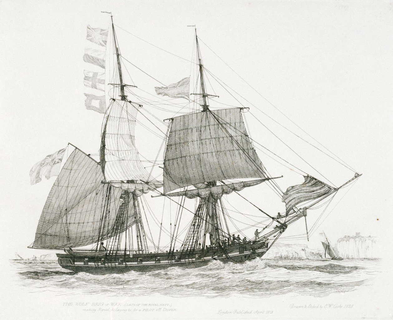 狼 "号（1826 年）或（1814 年），双桅战舰，英国皇家海军后期舰艇，在多佛尔外海为一名领航员发出信号并铺设航道 作者 爱德华·威廉·库克