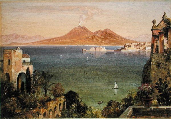从Posillippo的Cedroni别墅看到的那不勒斯的维苏威火山和Castel del Oro（纸上油画，铺在板上）。 作者 爱德华·威廉·库克