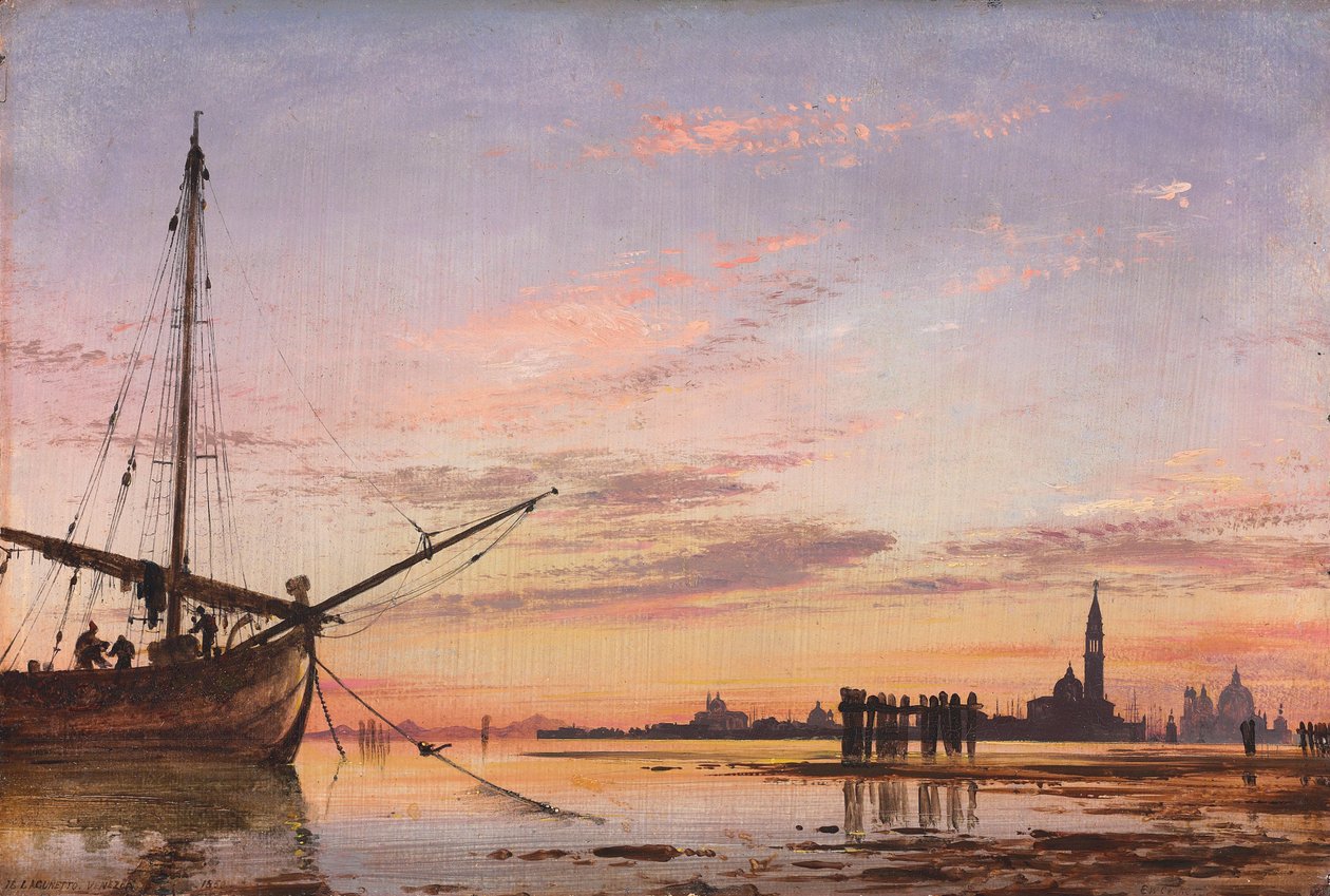 整个泻湖景观，威尼斯，日落，1850年 作者 爱德华·威廉·库克