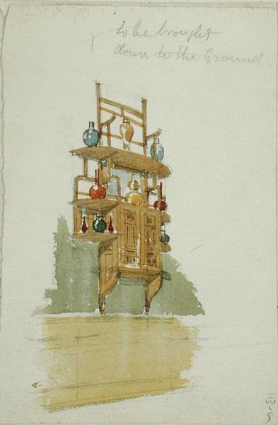 猴柜的设计，约1876年（纸上水彩和铅笔）。 作者 爱德华·威廉·戈德温