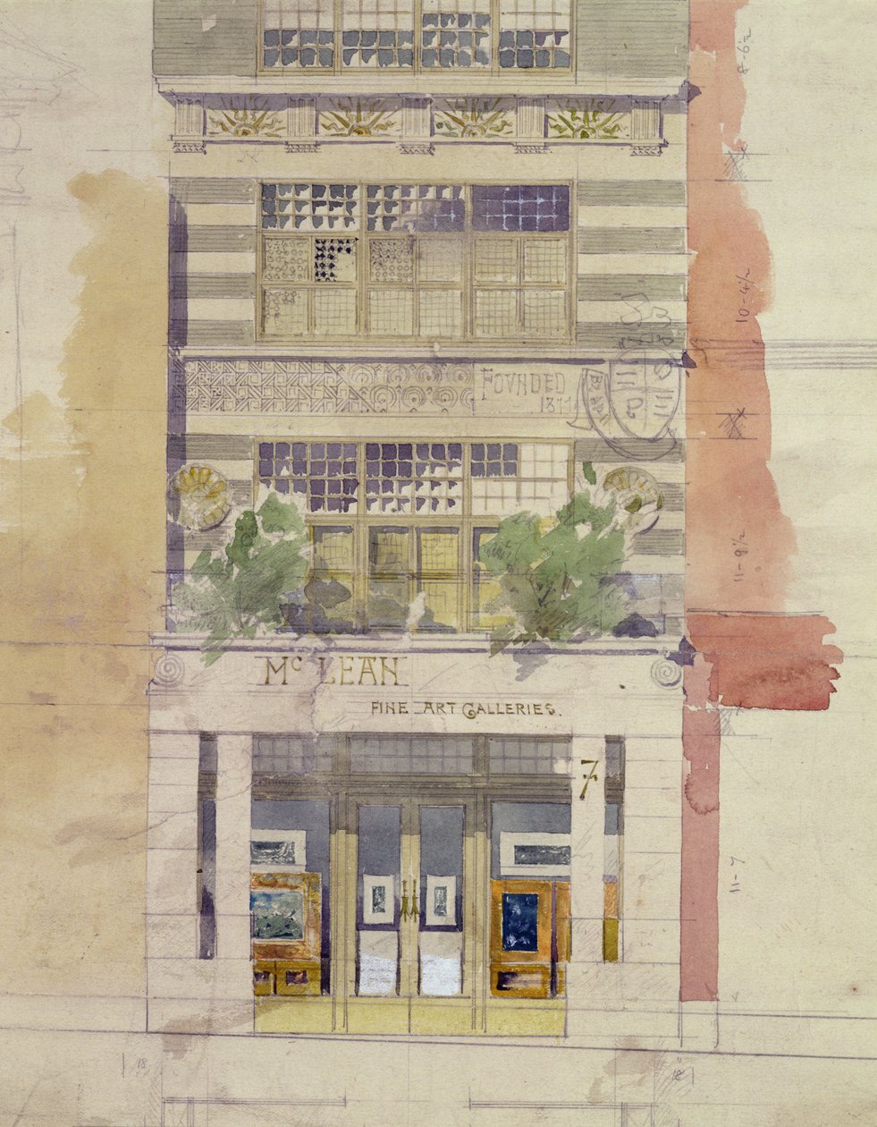 伦敦Haymarket的McLean Fine Art Galleries的外墙设计（纸上水彩和铅笔）（另见176480）。 作者 爱德华·威廉·戈德温