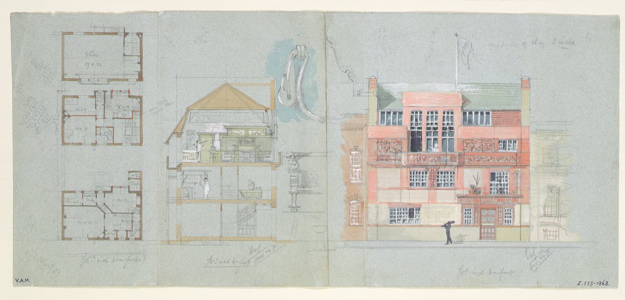 弗兰克·迈尔斯（1852-91），切尔西，Tite Street，1878-79（纸张上的铅笔）（参见176481-482,176484-485）的前立面和房屋和工作室的部分 作者 爱德华·威廉·戈德温