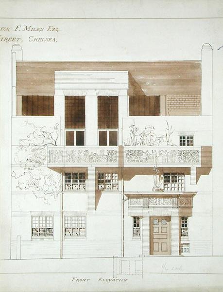 弗兰克·迈尔斯（1852-91）的工作室和住宅正面立面，1878-79切尔西Tite街（纸笔，水墨，纸上洗）（另见176481-483,176485） 作者 爱德华·威廉·戈德温