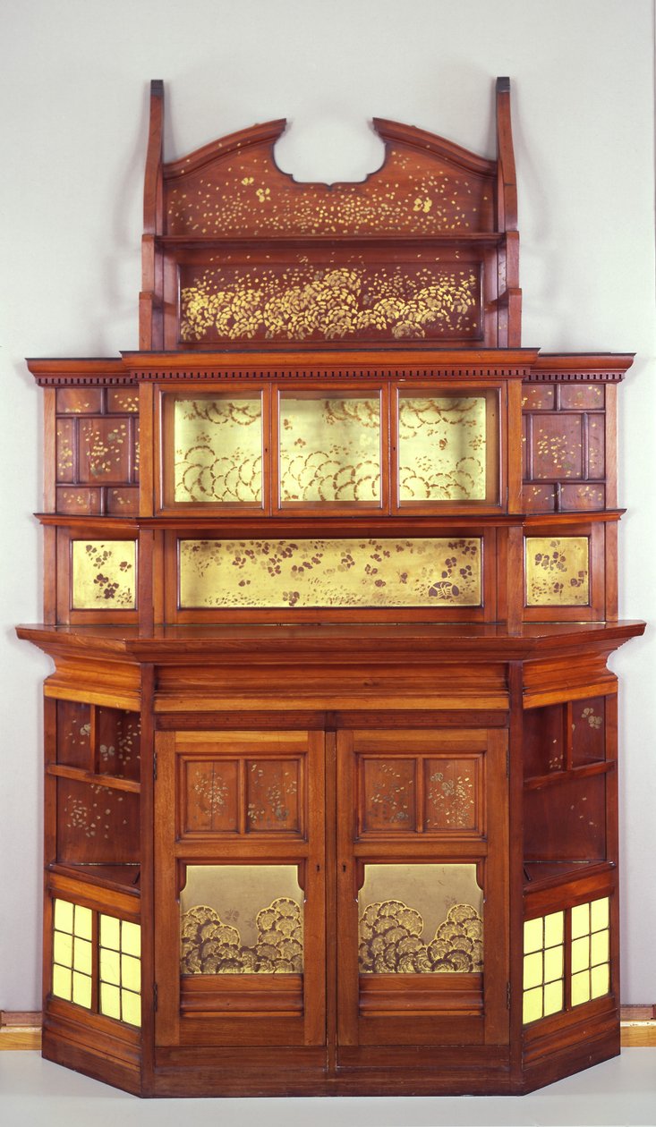 黄色和金色的和谐：蝴蝶柜，1877-78（桃花心木上的油，黄色瓷砖，黄铜装饰和玻璃） 作者 爱德华·威廉·戈德温