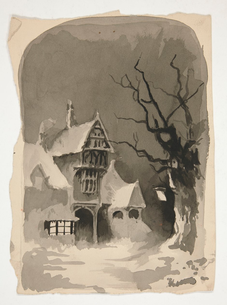 冬景：雪中小屋（正面）；各种人物研究（背面） 作者 埃德温奥斯汀修道院