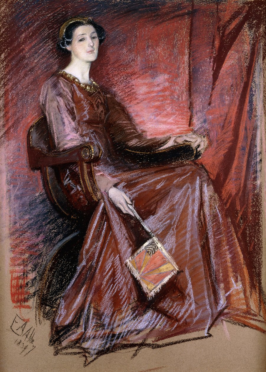 坐着的女人穿着伊丽莎白女王头饰，1897年 作者 埃德温奥斯汀修道院