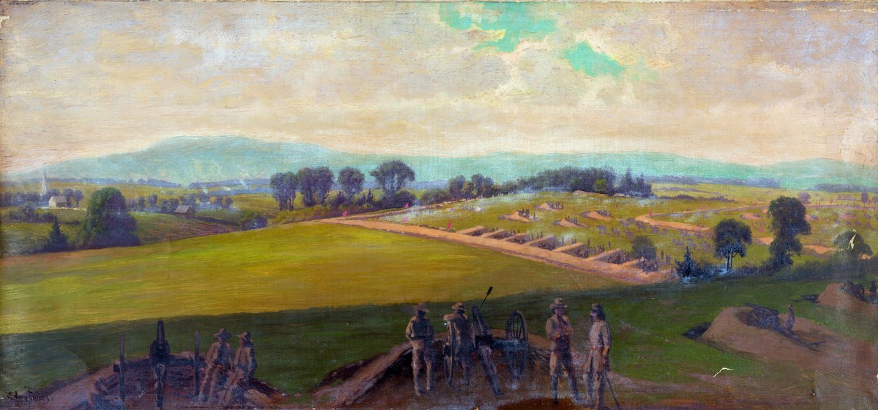 美国内战 1861-1865：葛底斯堡战役 1863 年 7 月 1 日至 3 日。美国在任何其他战争中伤亡最惨重。 “由李将军指挥的弗吉尼亚军团的最后一战”。 油。 埃德温·福布斯（Edwin Forbes，1839-1895）美国艺术家。 军用火炮 作者 埃德温·奥斯汀·福布斯