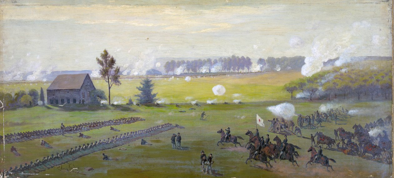 美国内战 1861-1865：1863 年 7 月 1 日至 3 日葛底斯堡战役结束了李将军对北方的入侵。 美国伤亡比任何其他战争中都要严重。 油 作者 埃德温·奥斯汀·福布斯