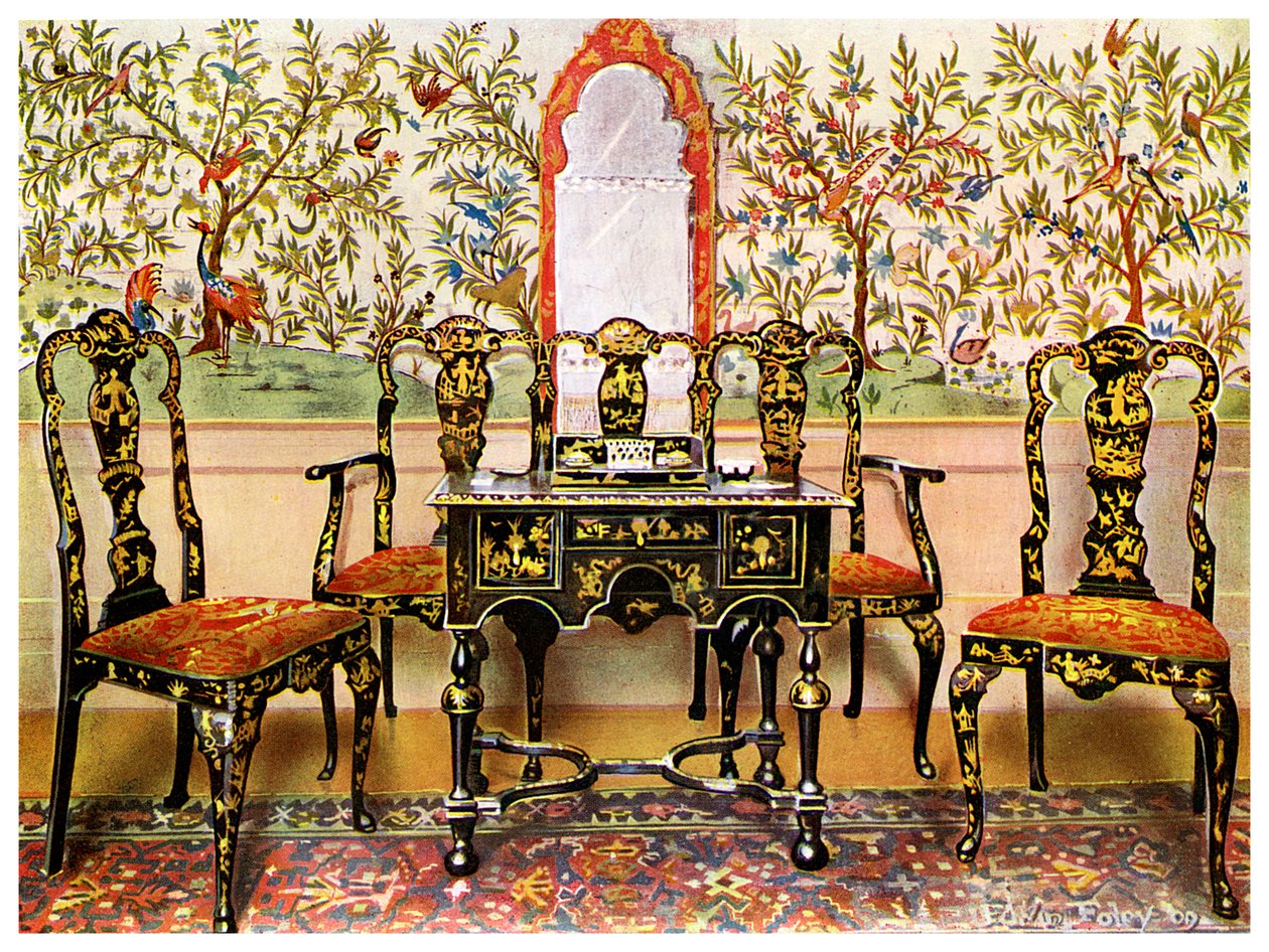 黑漆长椅，椅子和桌子以及红色漆镜，1910年。 作者 埃德温·佛利
