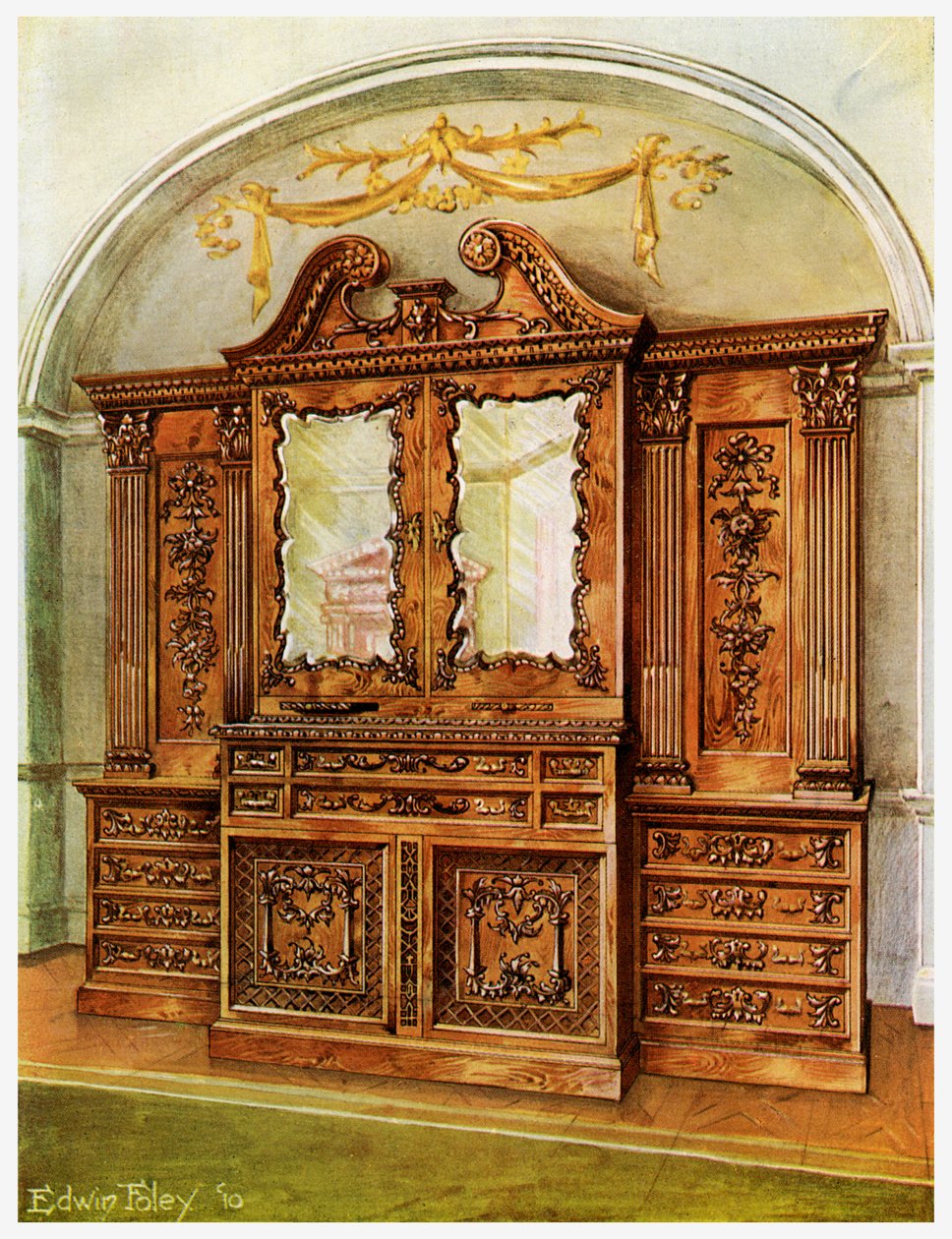 奇彭代尔风格雕花的封闭式红木书柜，法国，1911-1912年。 作者 埃德温·佛利
