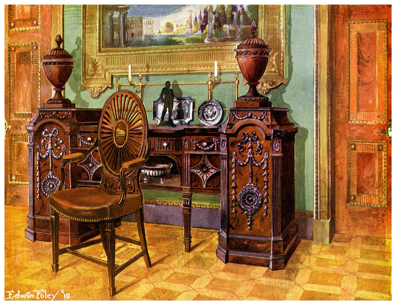 雕刻的红木底座餐边柜和椭圆形后轮大师椅子，1911-1912年。 作者 埃德温·佛利
