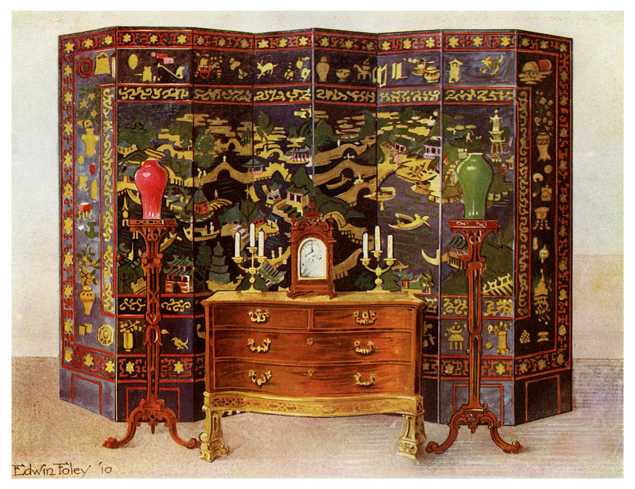 弯曲的座厕桌和中国漆的八折屏风，1911-1912年。 作者 埃德温·佛利