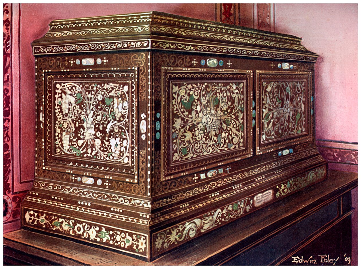 镶嵌胡桃木的珠宝棺材，正面，侧面和顶部镶板，1910年。 作者 埃德温·佛利
