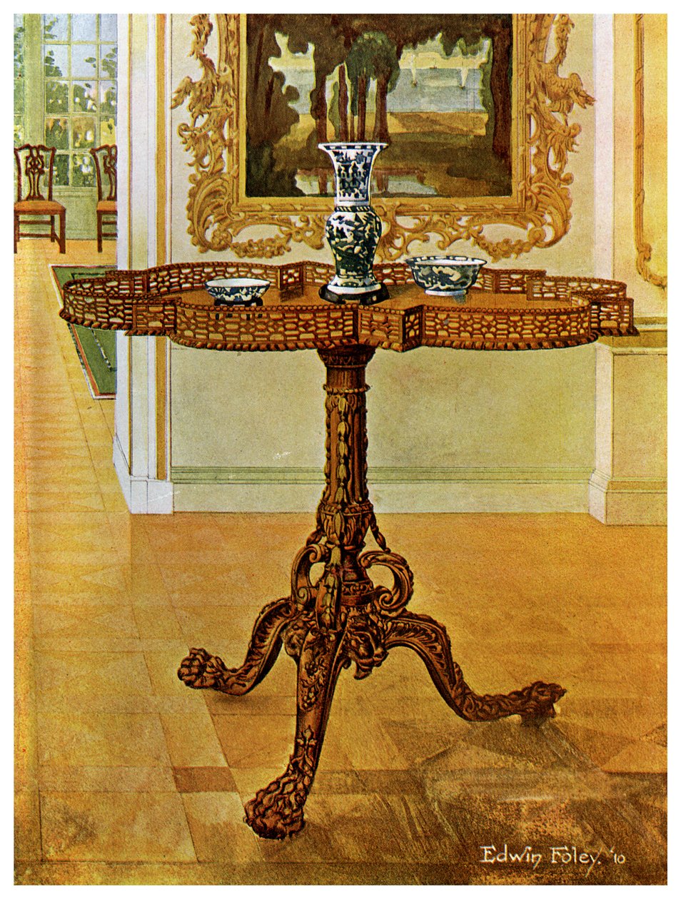奇彭代尔画派的异形镶框式画廊桌子，1911-1912年。 作者 埃德温·佛利