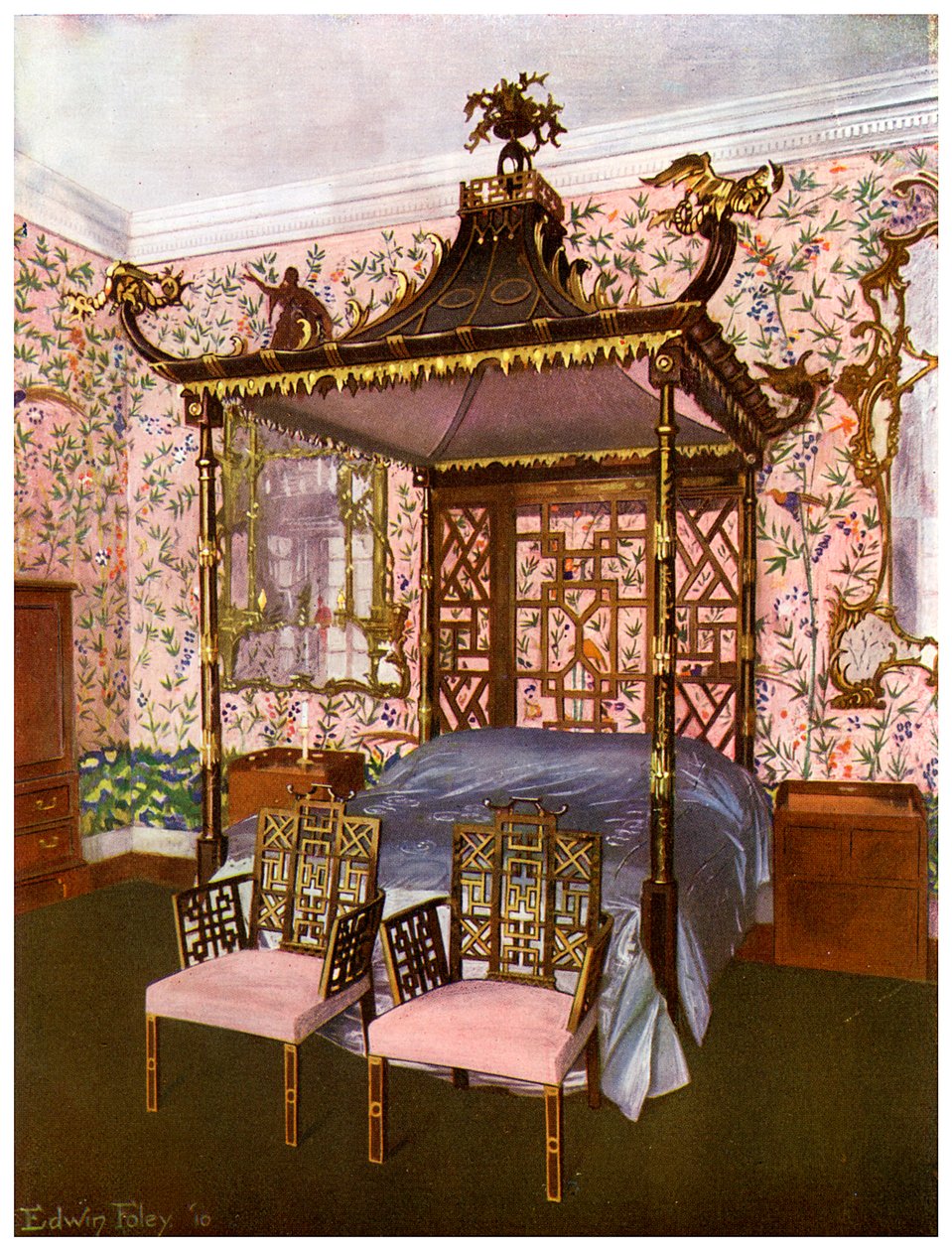 齐彭代尔中式卧室，羽毛球馆，格洛斯特郡，1911-1912年。 作者 埃德温·佛利