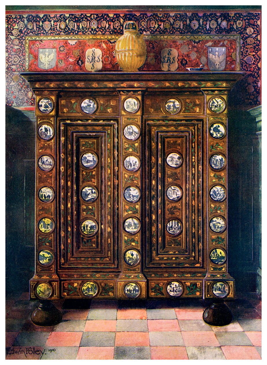 核桃kas镶嵌并涂有代尔夫特瓷器的彩绘徽章，1910年。 作者 埃德温·佛利