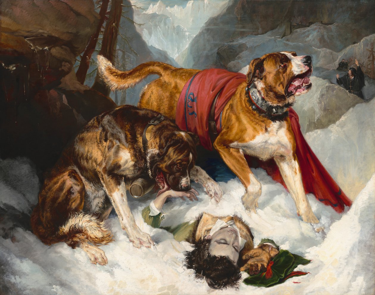 阿尔卑斯山的獒犬为一个受困的旅行者重新注入活力，1820年。 作者 埃德温·亨利·兰西尔