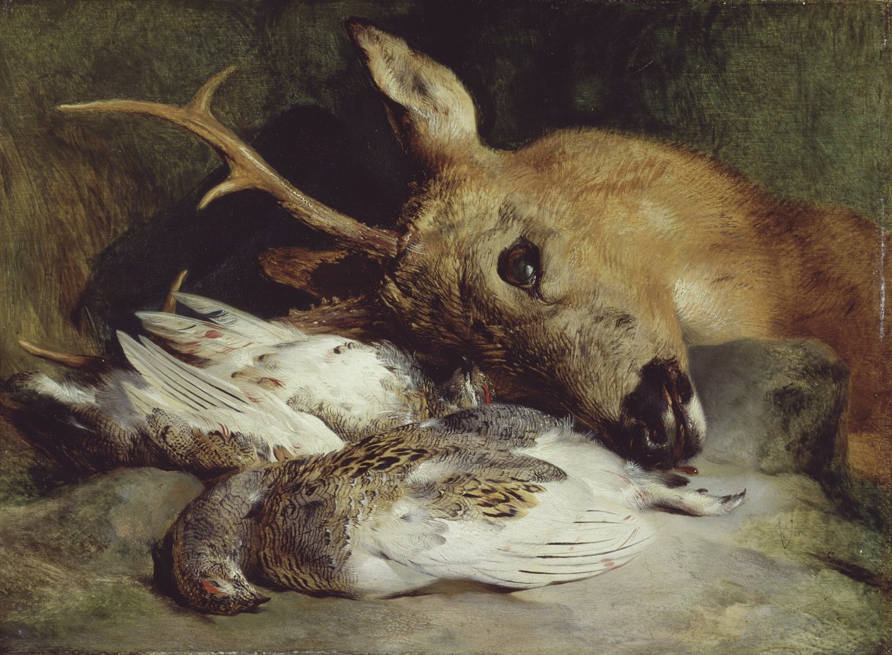 一只 Roebuck 的头和两只鸻 作者 埃德温·亨利·兰西尔