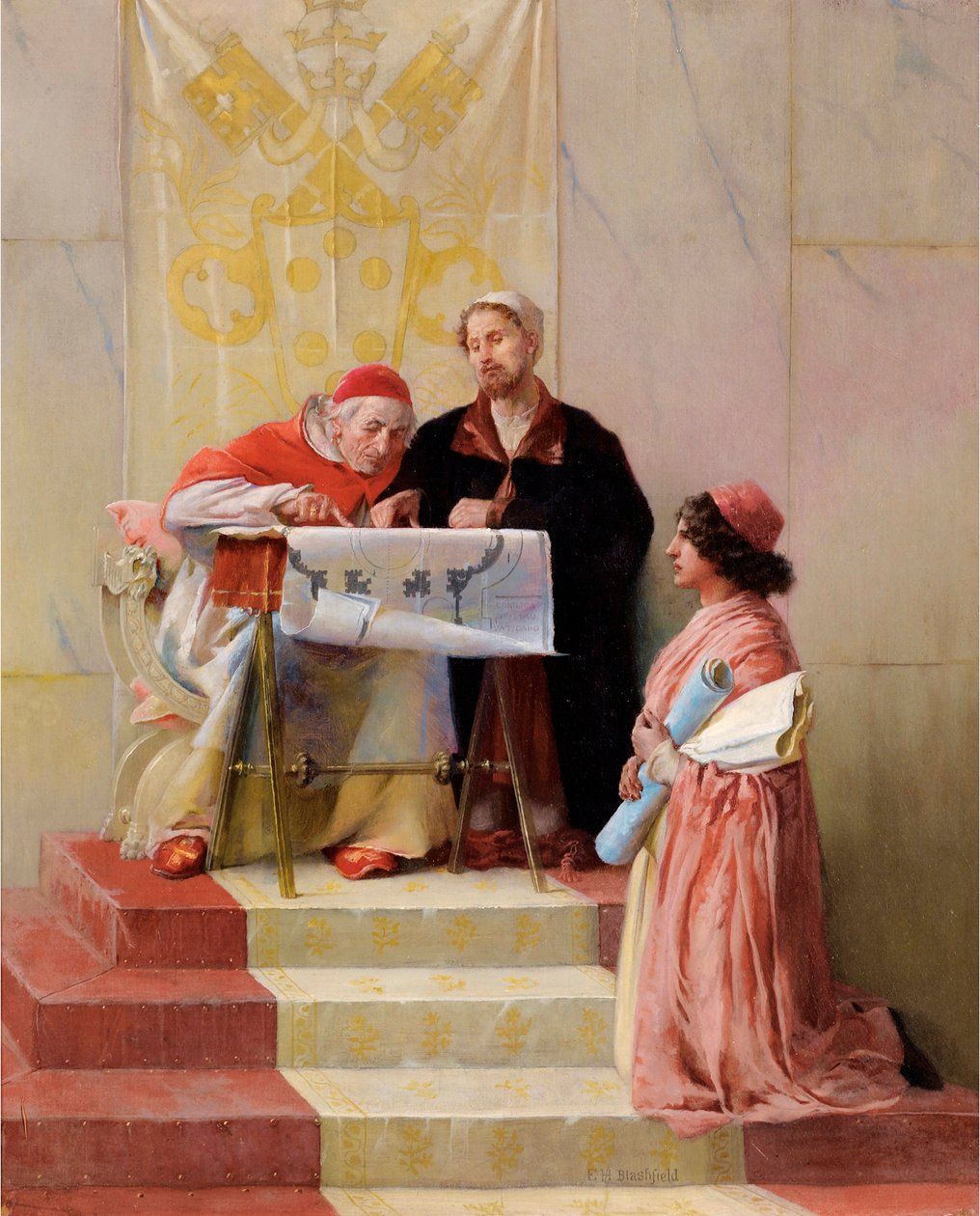 ""Le pape Jules II regardant les plans du projet architectural de Bramante (1444-1514) pour la basilique saint Pierre 作者 埃德温·霍兰·布拉德菲尔德