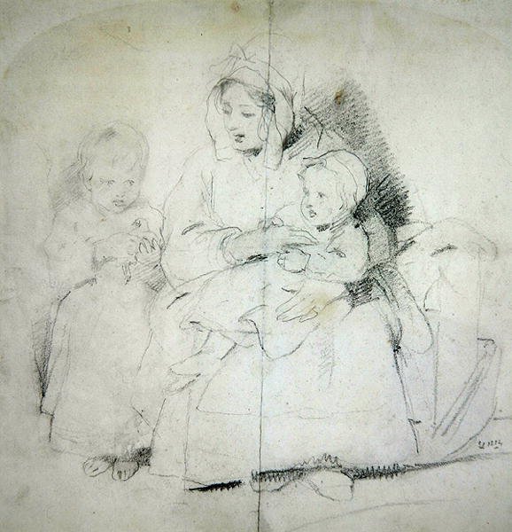 一个母亲和两个孩子（纸上铅笔画） 作者 埃德温·兰瑟